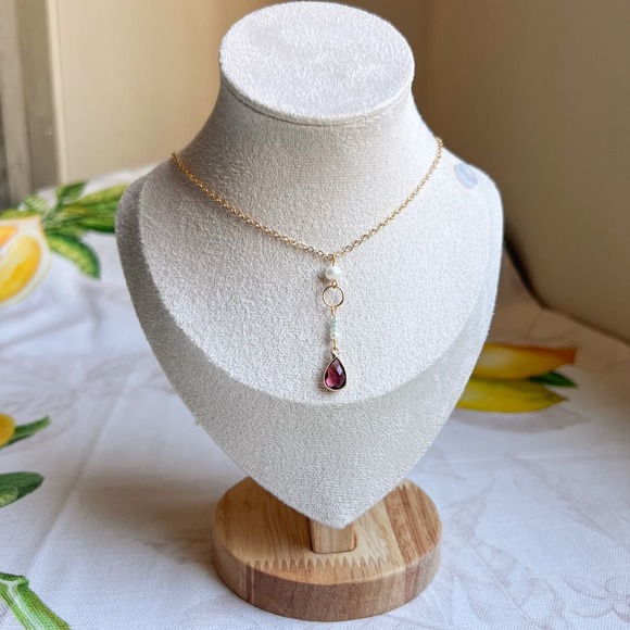 Free People Jewelry - Garnet Wine Red Mint Freshwater Pearl Casual Tassel O Ring Minimalist Necklace